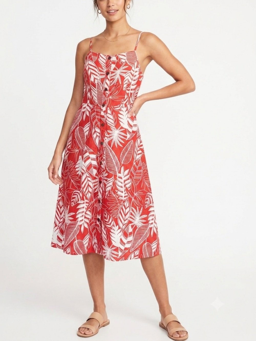 Old Navy Fit & Flare Linen-Blend Midi Dress Tropical Palm Print Red White Size L